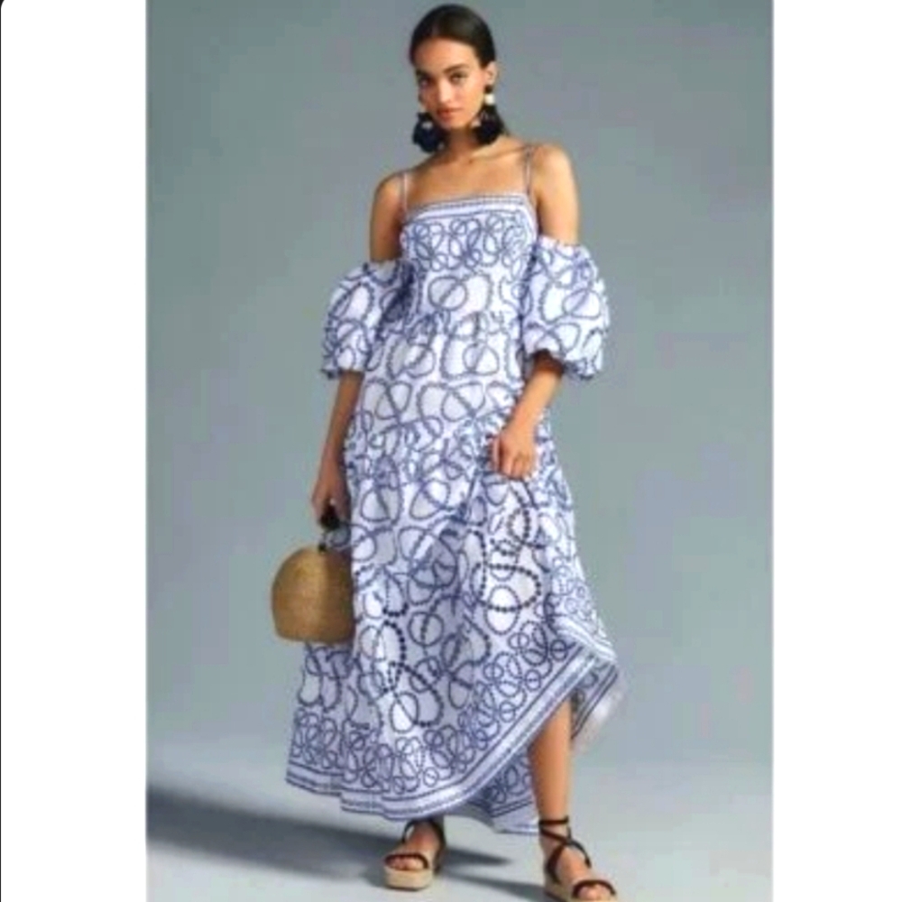 Anthropologie xs blue and white eyelet dress